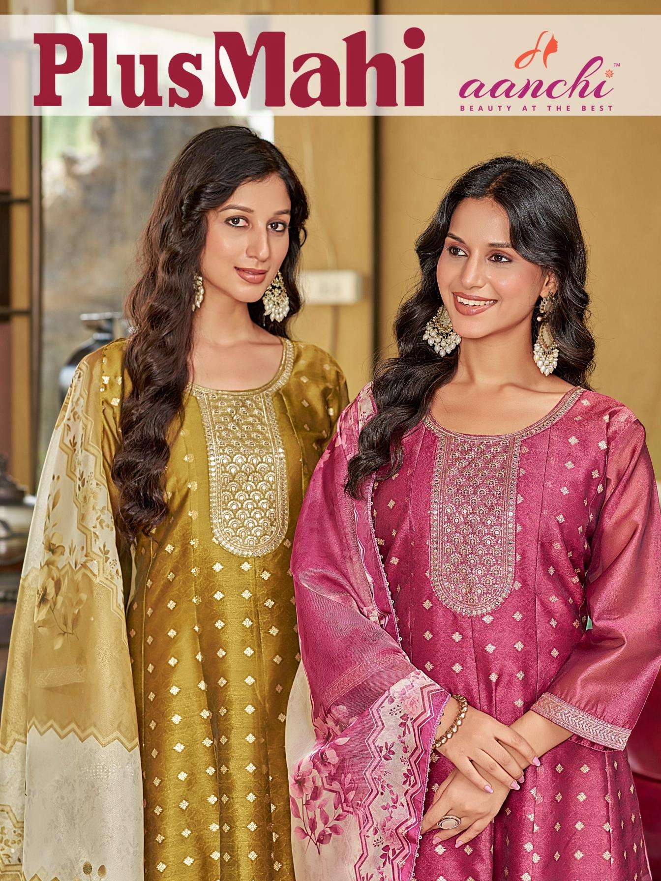 aanchi plus mahi shimmer jacquard readymade pretty look combo suit in wholesale surat