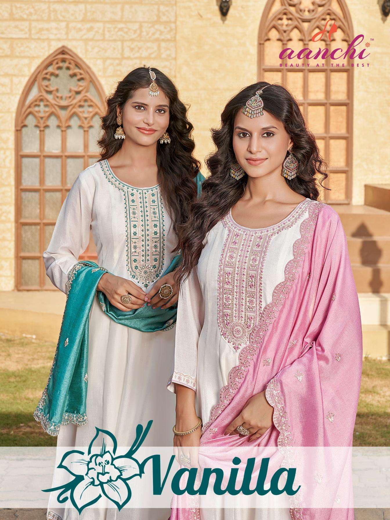 aanchi vanilla readymade preety vichitra silk suit in wholesale surat