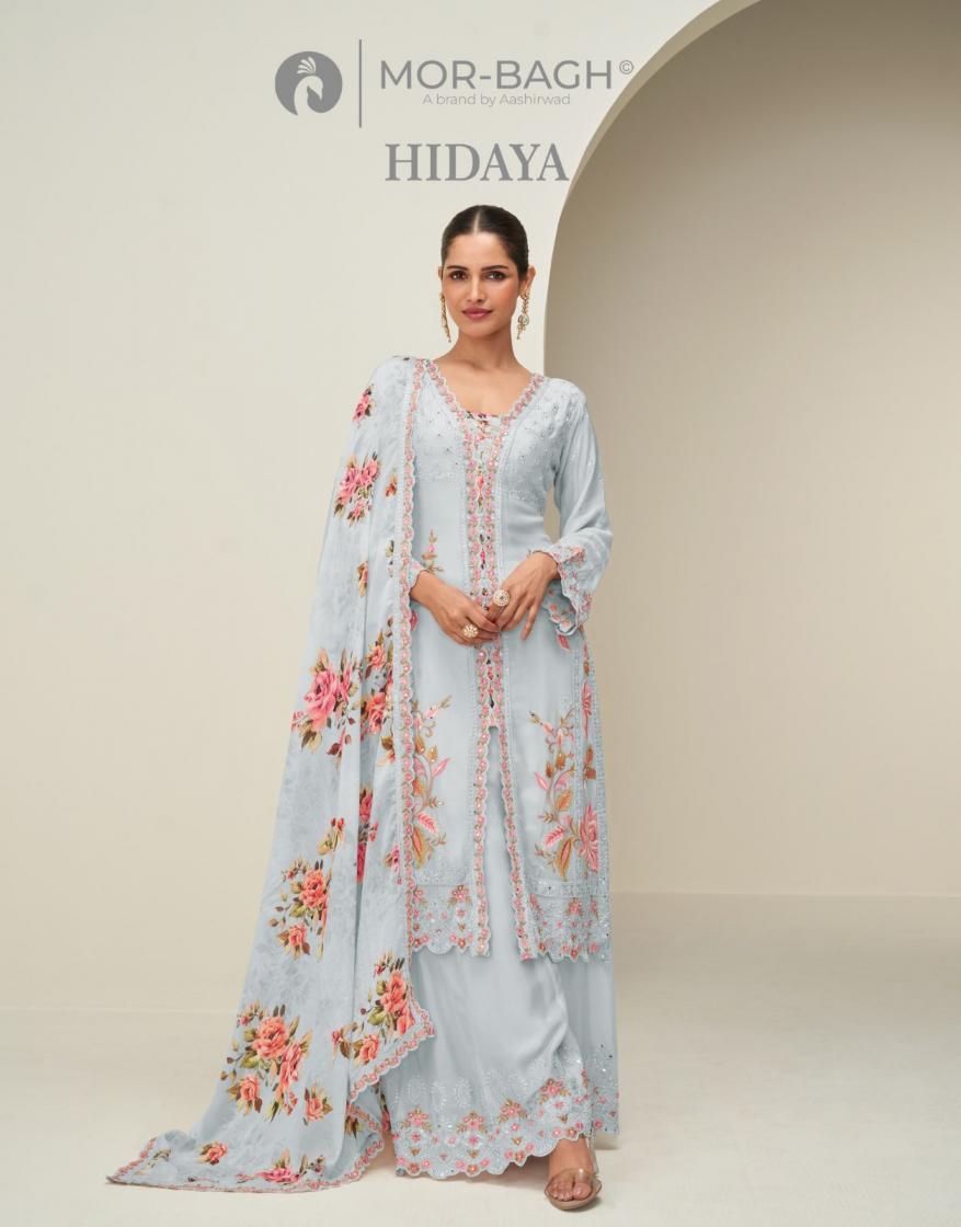 aashirwad mor bagh hidaya series 10407 to 10410 chinion silk fully stitch unique plazzo suit in wholesale surat