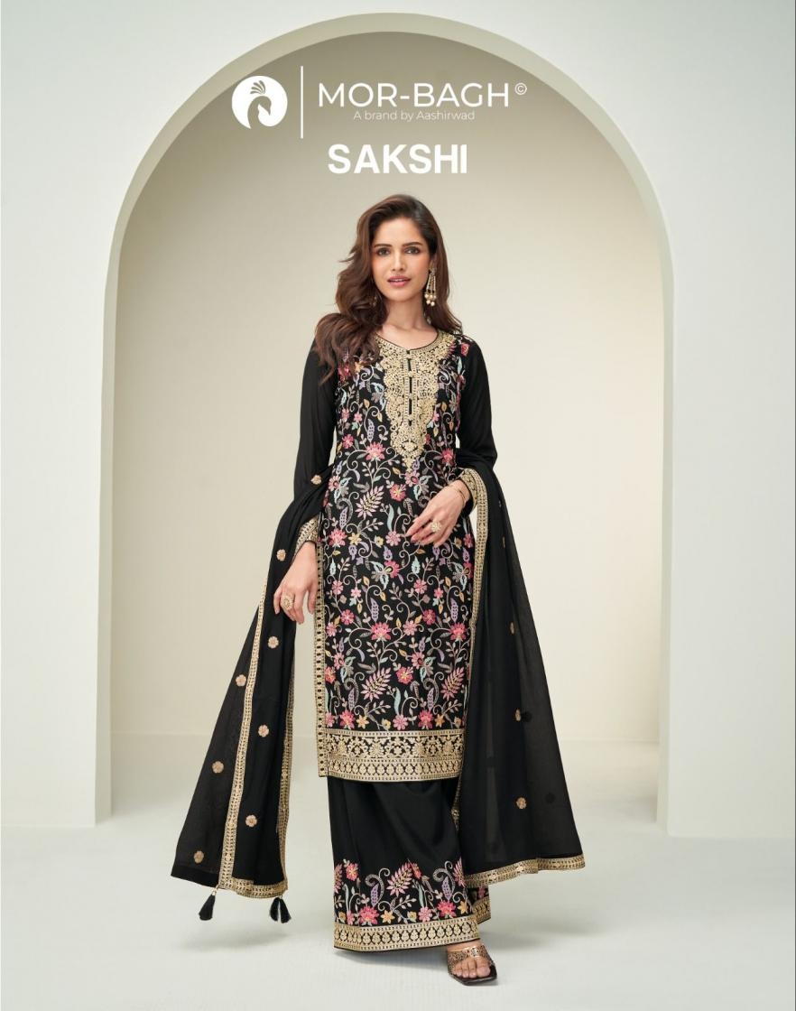 aashirwad mor bagh sakshi series 10366 to 10367 chinon silk readymade plazzo style suit in wholesale surat