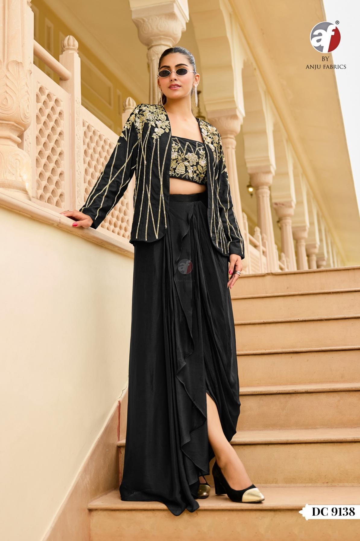 anju fab dc 9138 readymade stylish chinon chiffon crop top drap skirt with jackets in wholesale surat