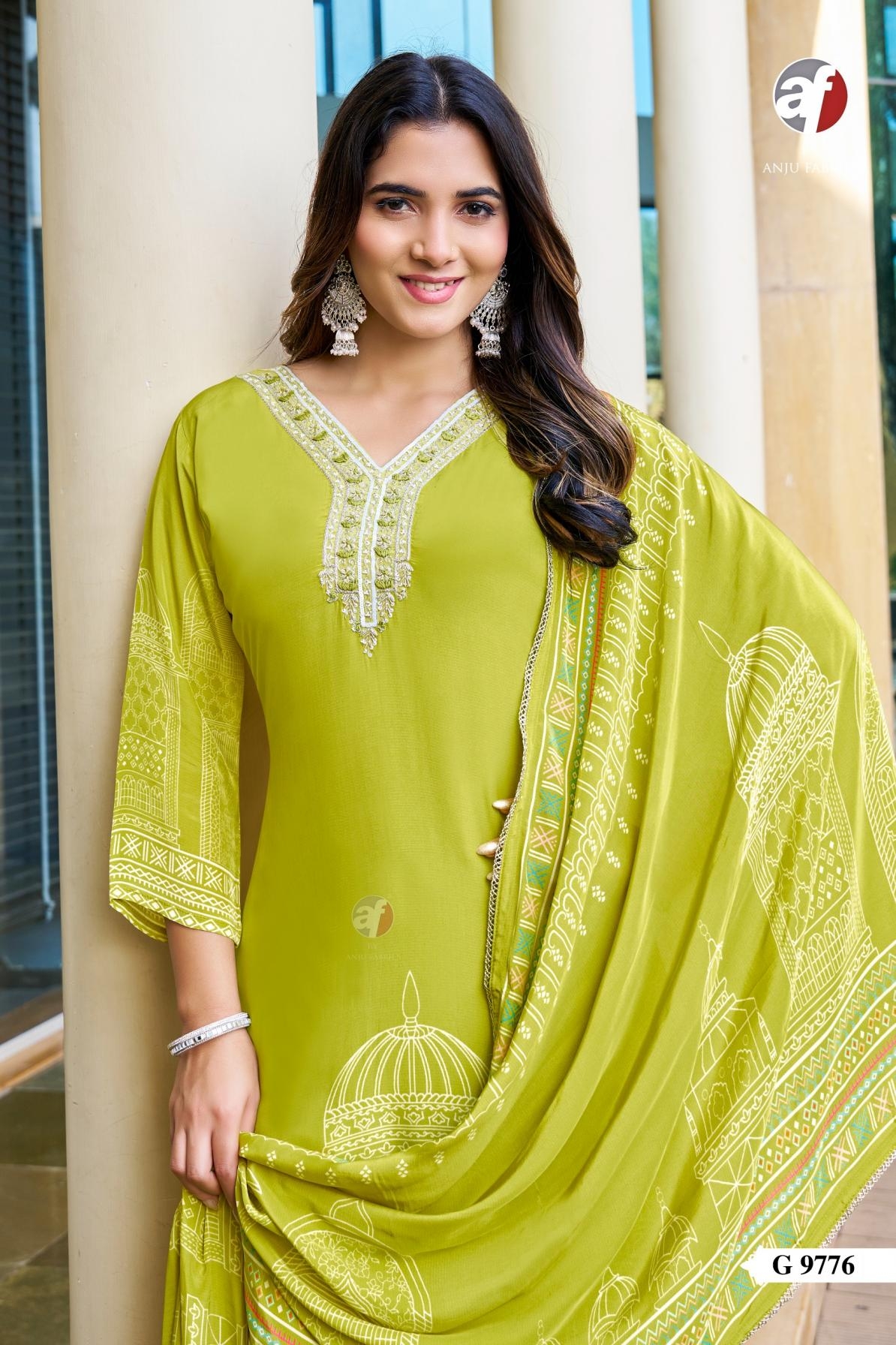 anju fab g 9775-9776 natural crepe fully stitch stylish combo suit in wholesale surat