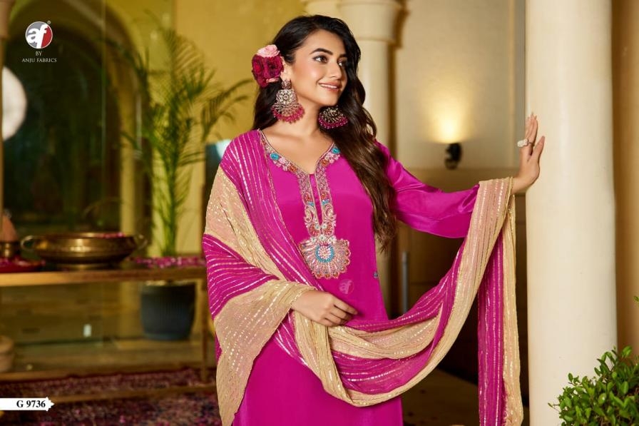 anju fab g9736 series 9735 to 9737 traditional wear fully stitch natural crape combo suit in wholesale surat