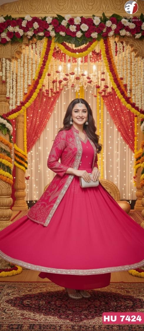 anju fab hu 7422-7424 fully stitch chinon chiffon combo jacket with flair gown in wholesale surat