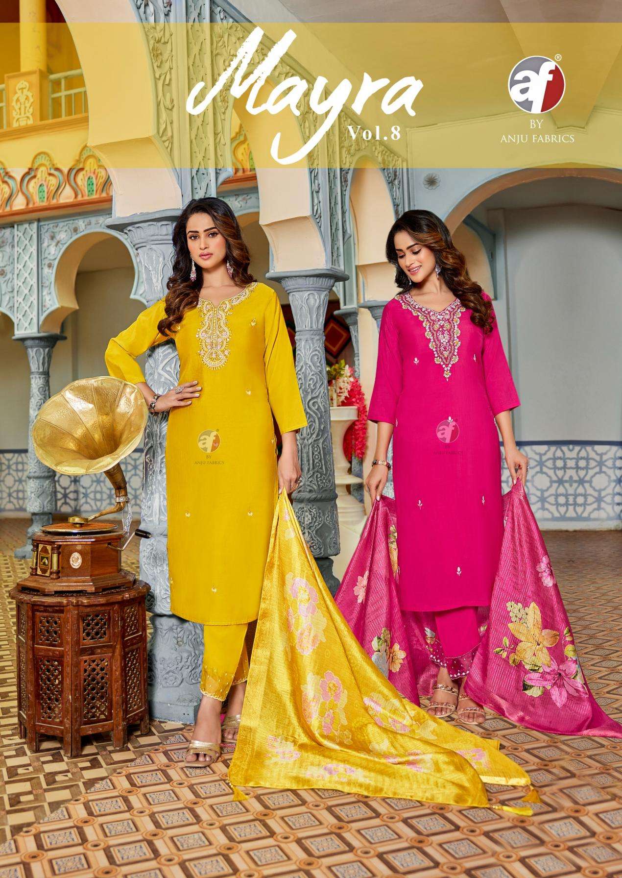 anju fab mayra vol 8 series 5011 to 5016 modal silk readymade big size party wear suit in wholesale surat