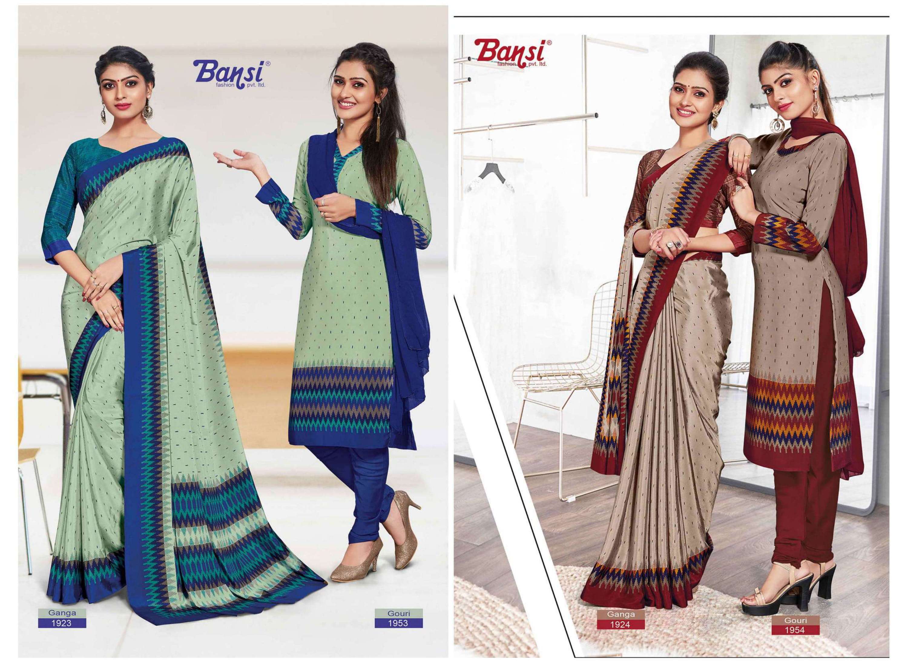 bansi ganga & gouri series 1901 to 1942 trendy crape combo dress & saree in wholesale surat