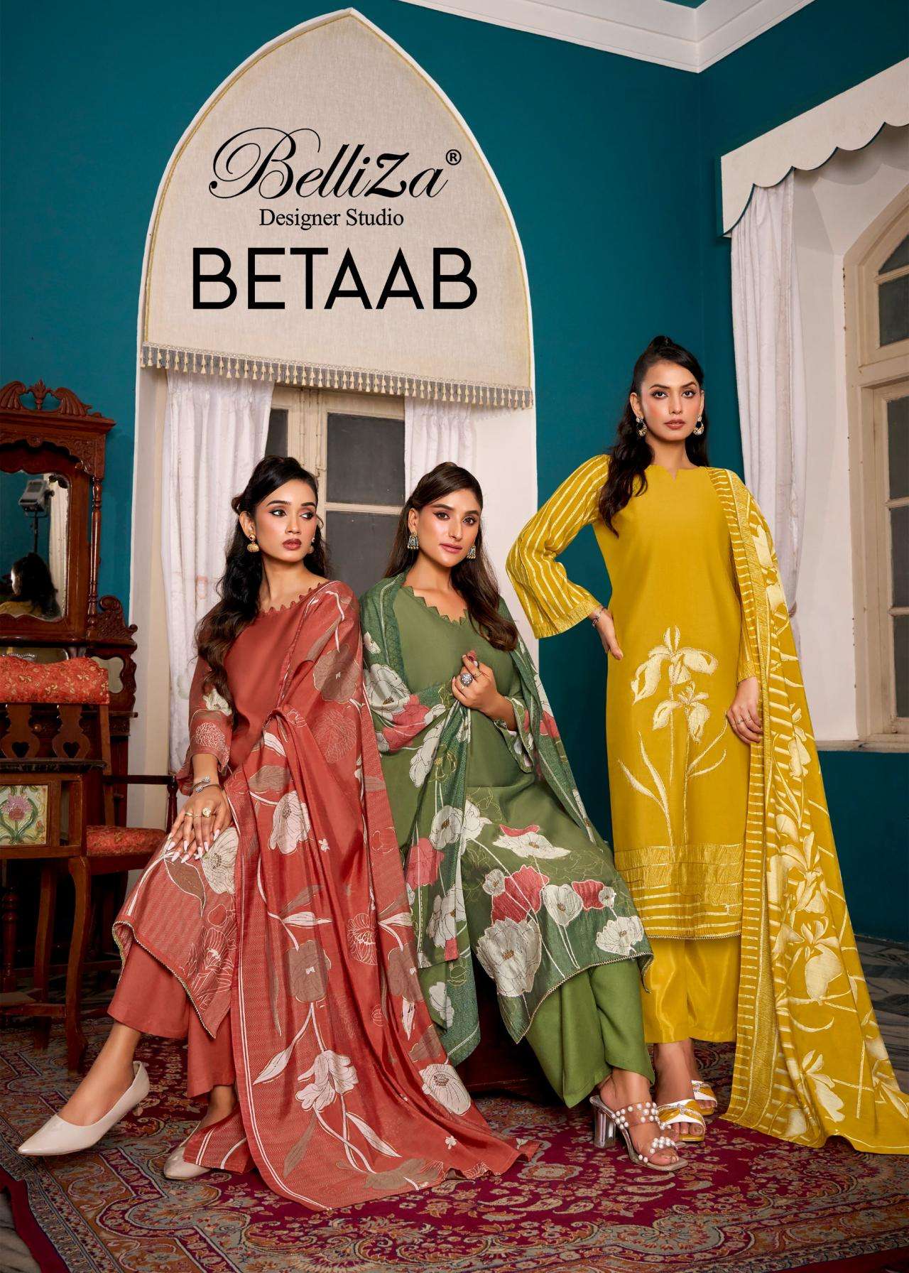 belliza designer betaab series 910001 to 910006 stylish fully stitch modal viscose muslin pakistani suits in wholesale surat