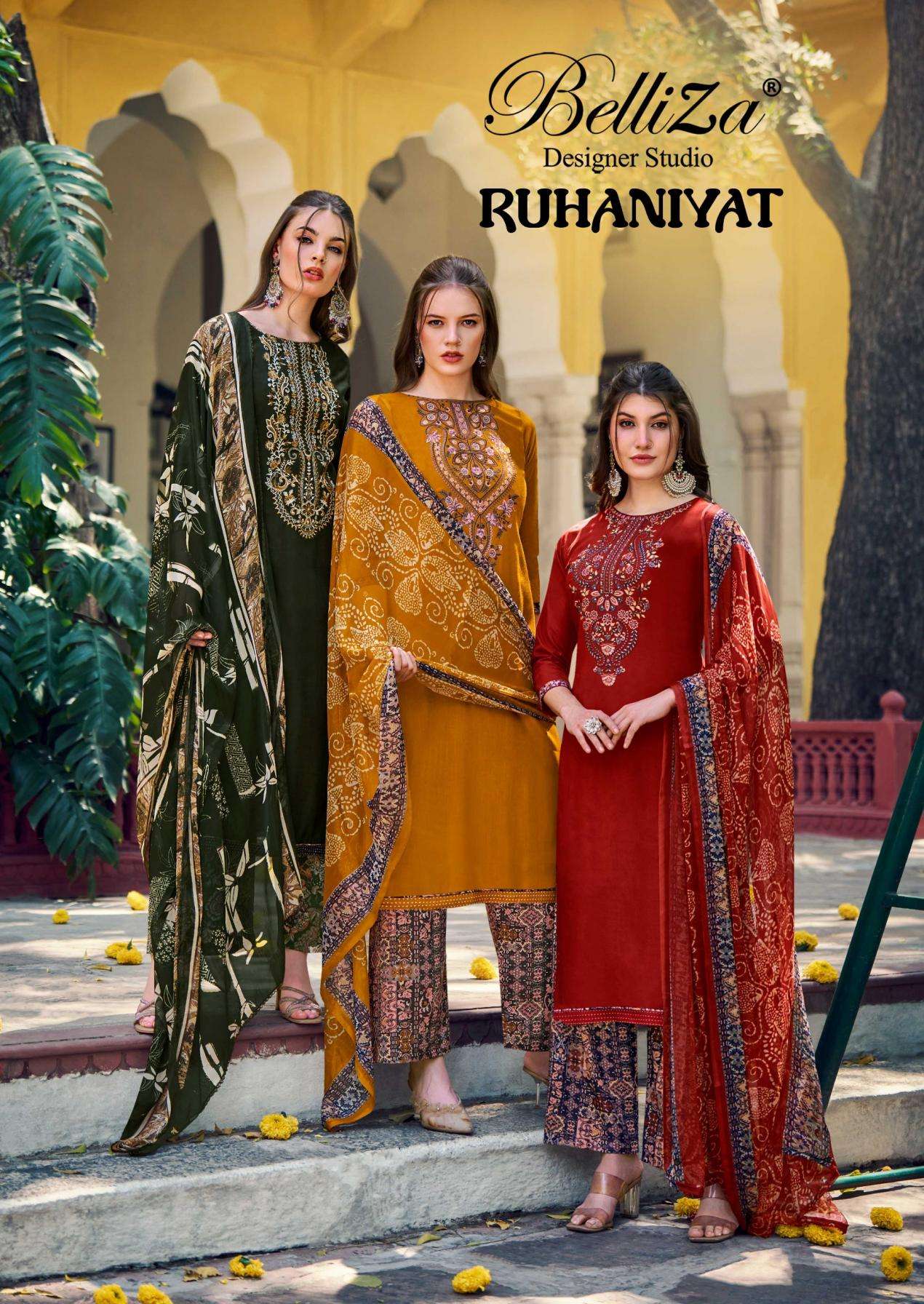 belliza designer ruhaniyat series 879001 to 879008 viscose rayon pakistani fancy salwar kameez in wholesale surat
