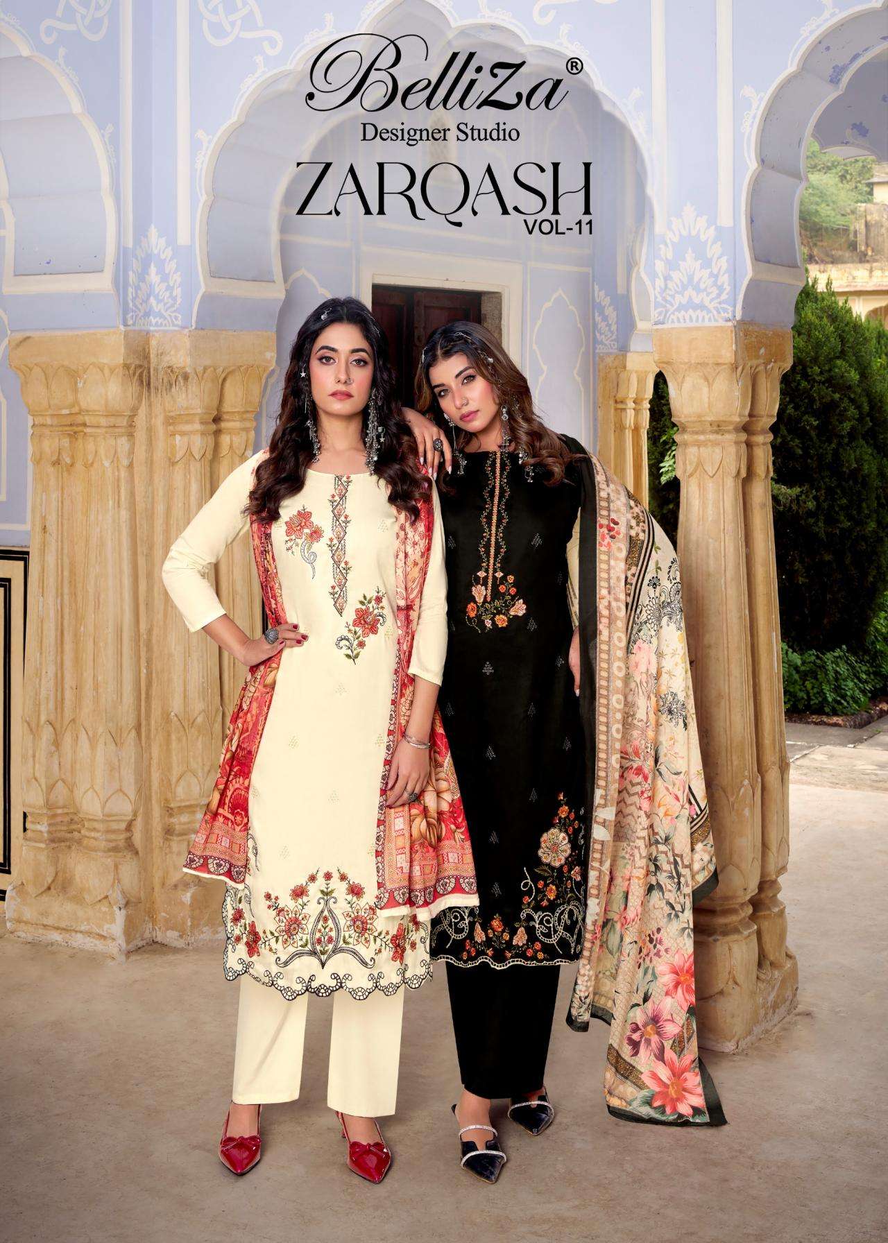 belliza designer zarqash vol 11 series 917001 to 917006 jam cotton readymade unique big size pakistani suit in wholesale surat