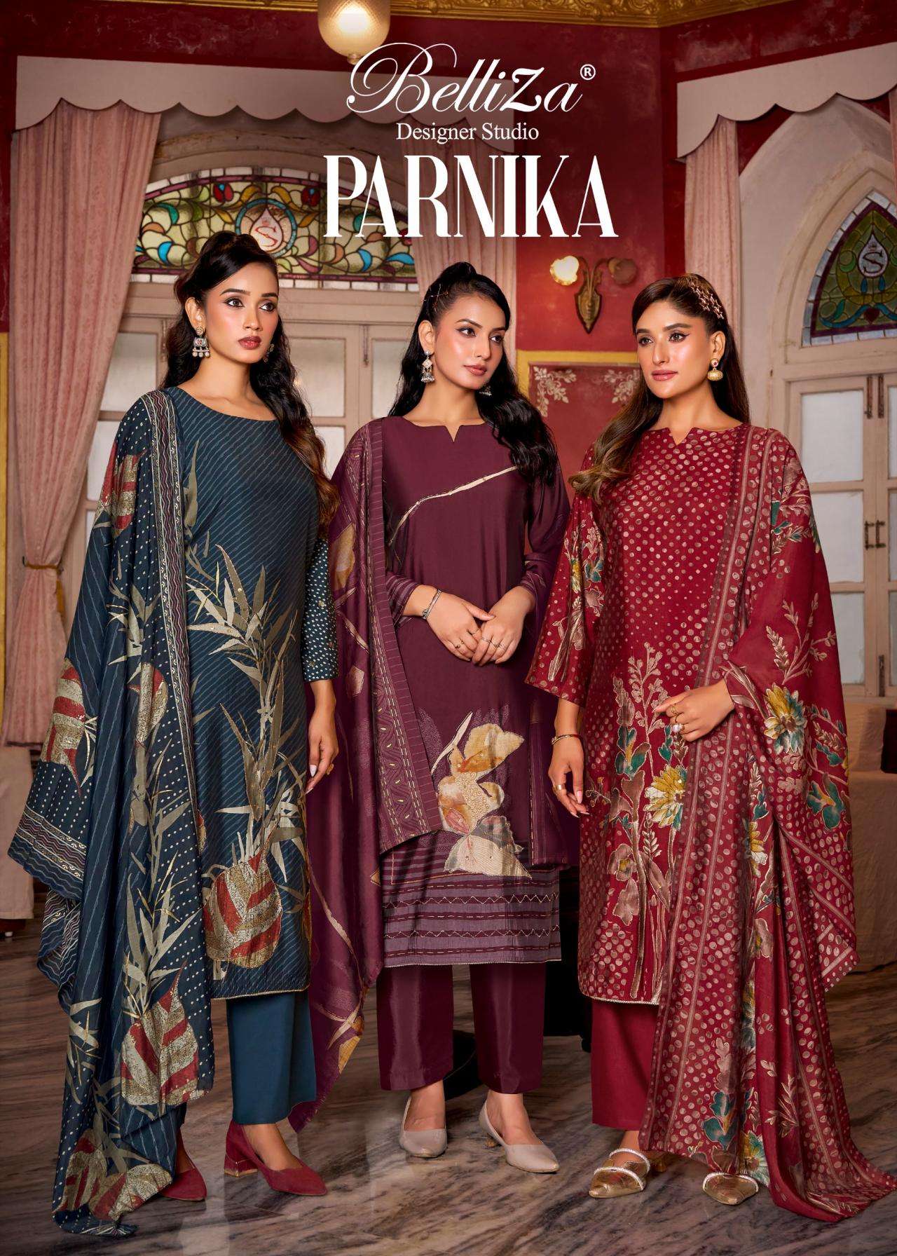 belliza parnika series 911001 to 911006 readymade pretty look big size suit in wholesale surat