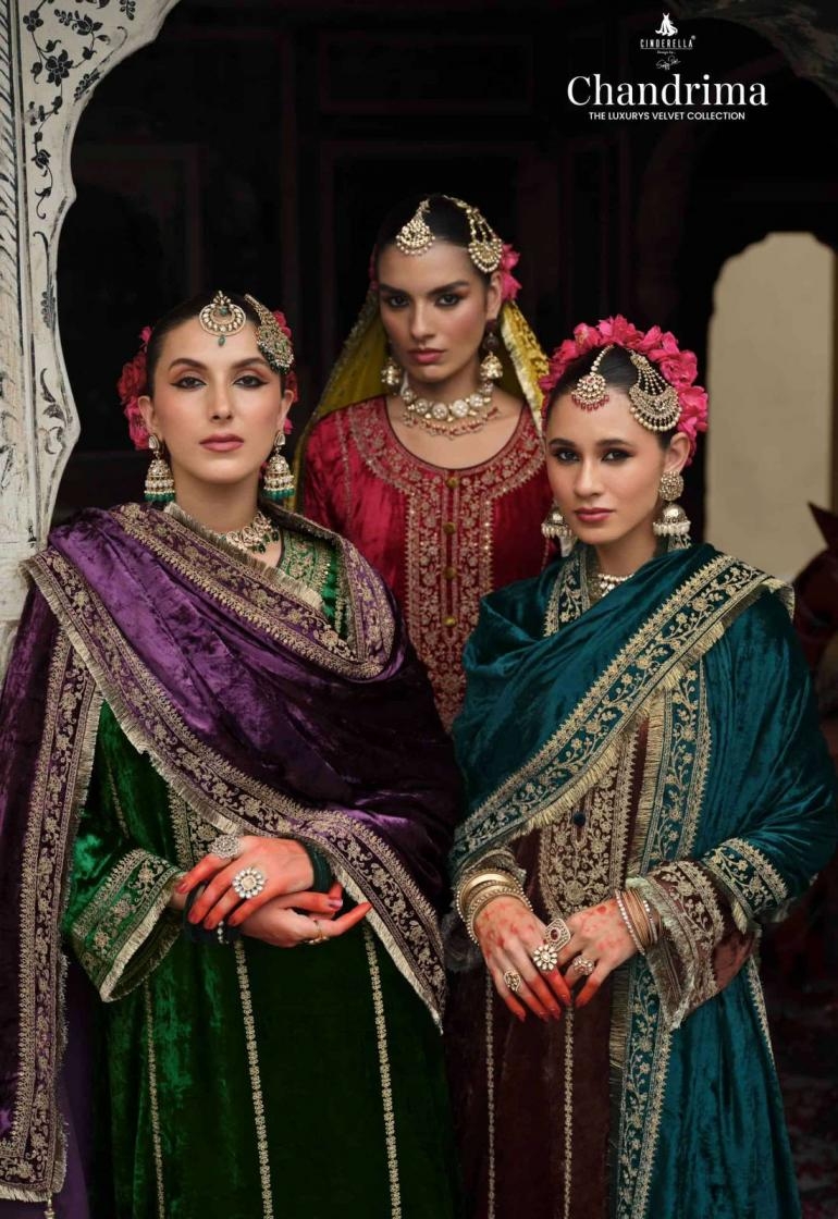 cinderella chandrima series 18721 to 18726 viscose velvet winter readymade designer suit in wholeslae surat