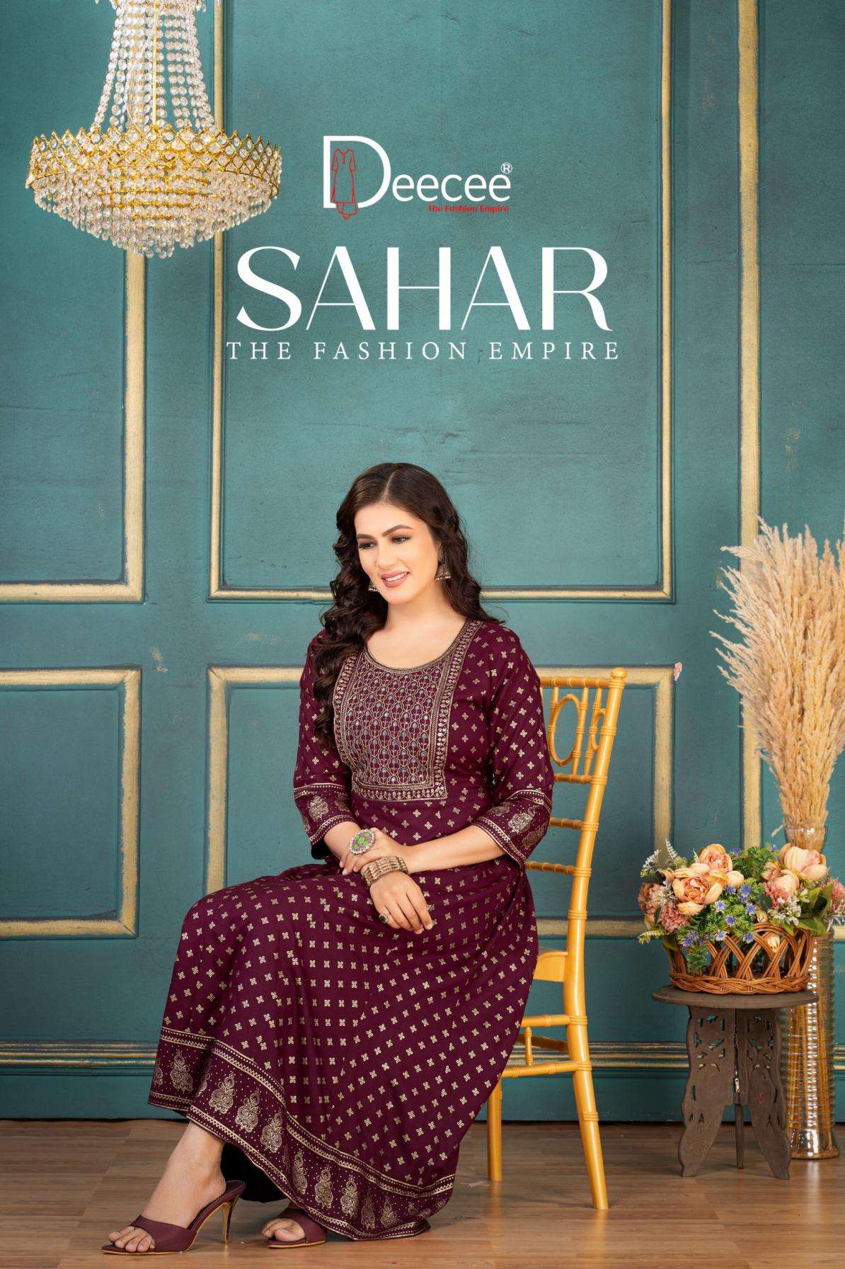 deecee sahar series 101 to 106 hit design rayon fully stitch plus size gown in wholesale surat
