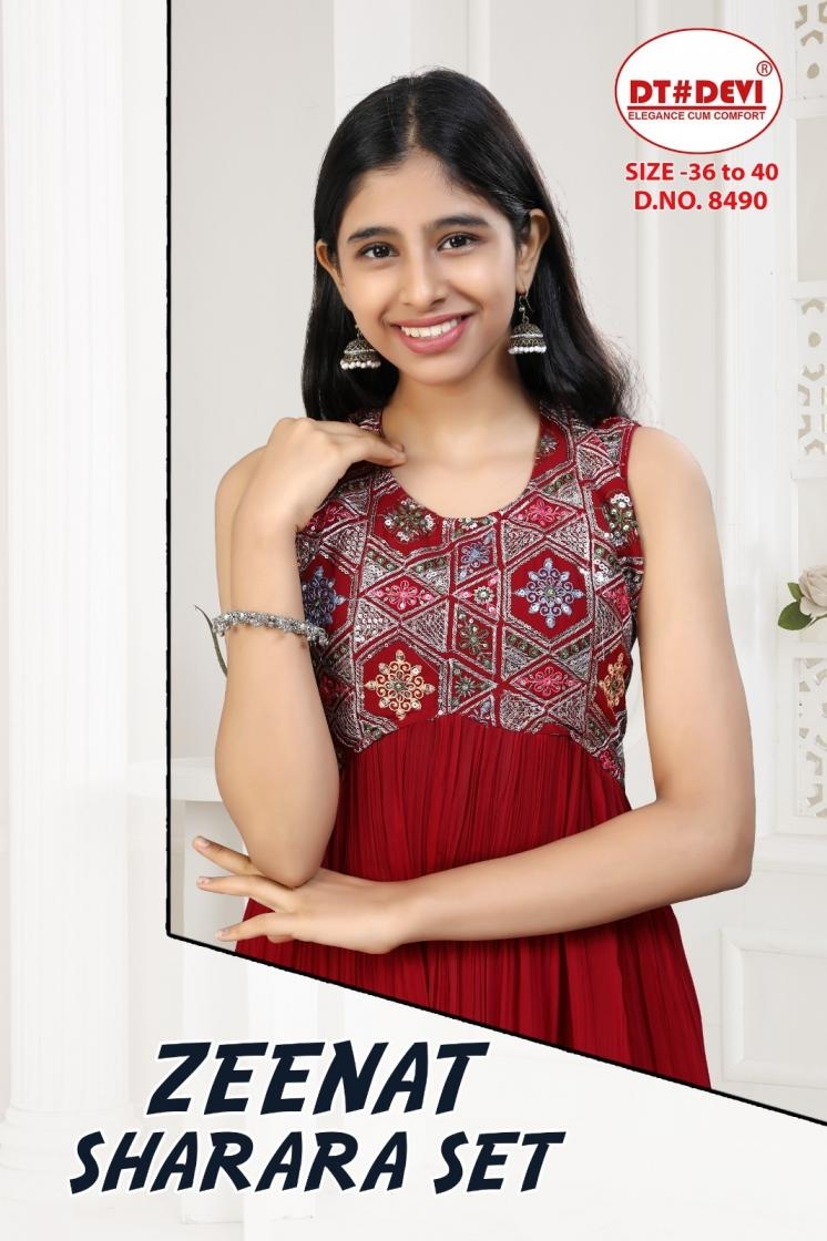 dt devi zeenat 8490 georgette readymade combo kids sharara kurti with dupatta in wholesale surat