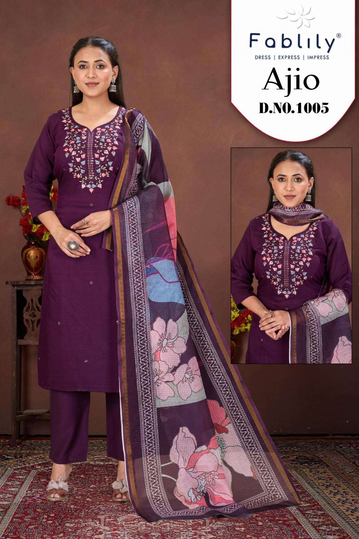 fablily ajio series 1001 to 1006 readymade luxurious silk berline silk combo suit in wholesale surat