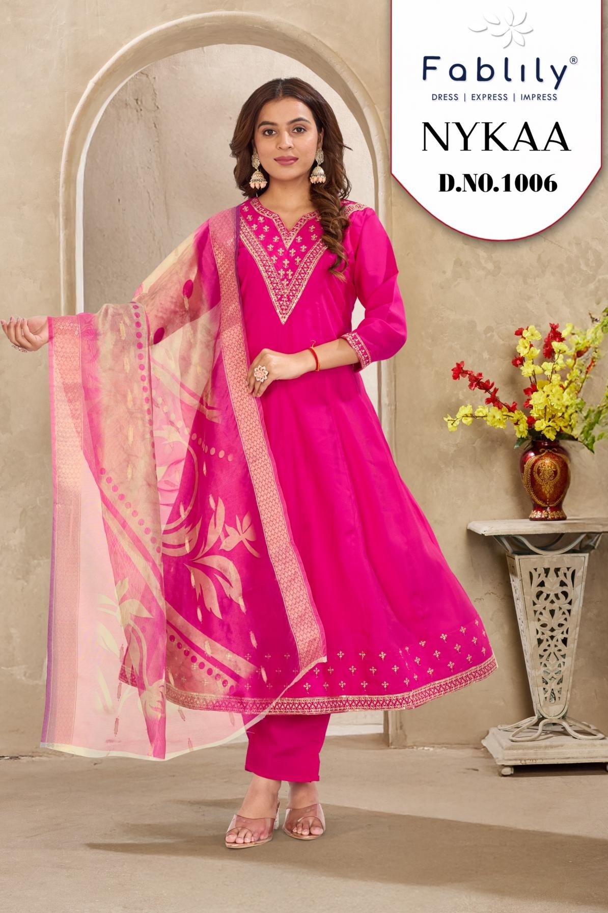 fablily nykaa series 1001 to 1006 readymade stylish roman silk anarkali combo suits in wholesale surat