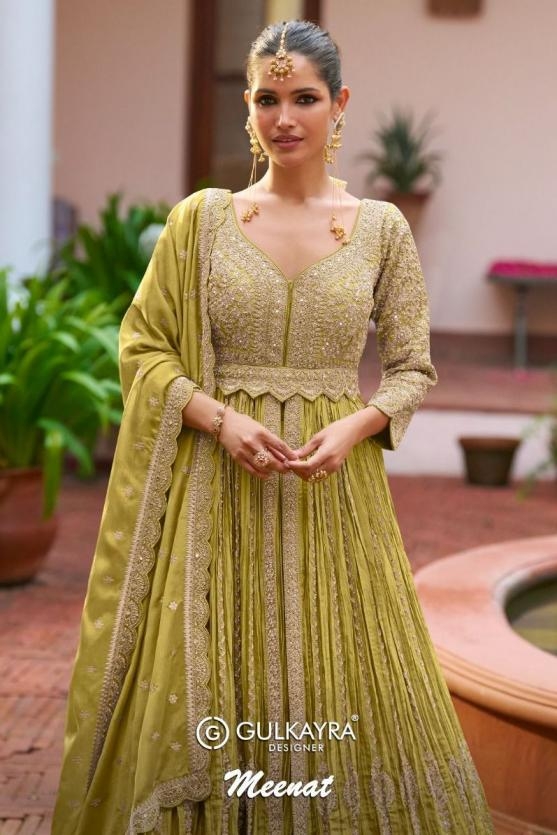 gulkayra designer meenat series 7625 A to 7625 C fully stitch occasion wear chinon kurti skirt with dupatta in wholesale surat