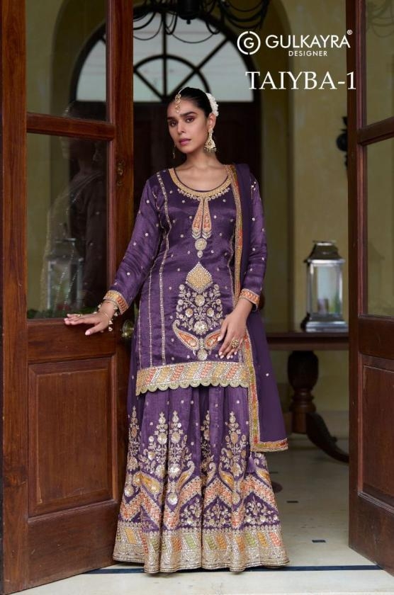 gulkayra designer taiyba vol 1 series 7629 C to 7629 E simmer silk party wear full stitch skirt kurti with dupatta in wholesale surat