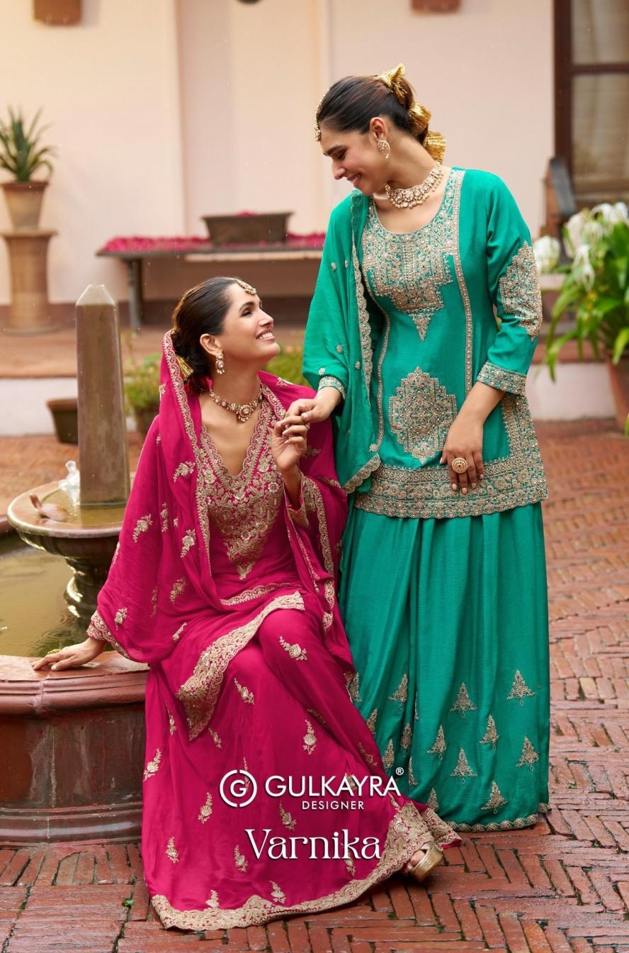 gulkayra designer varnika series 7622-7624 real chinon heavy embroidery Readymade suit in wholesale surat