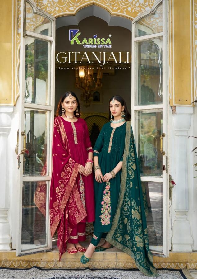 karissa gitanjali series 1001 to 1004 fully stitch attractive viscose mul chanderi suit in wholesale surat