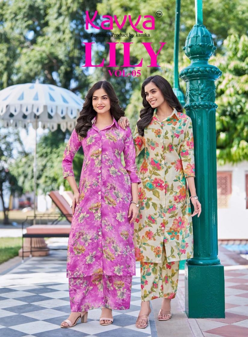 kavya lily vol 5 series 5001 to 5010 capsule print readymade classic co-ord sets in wholesale surat