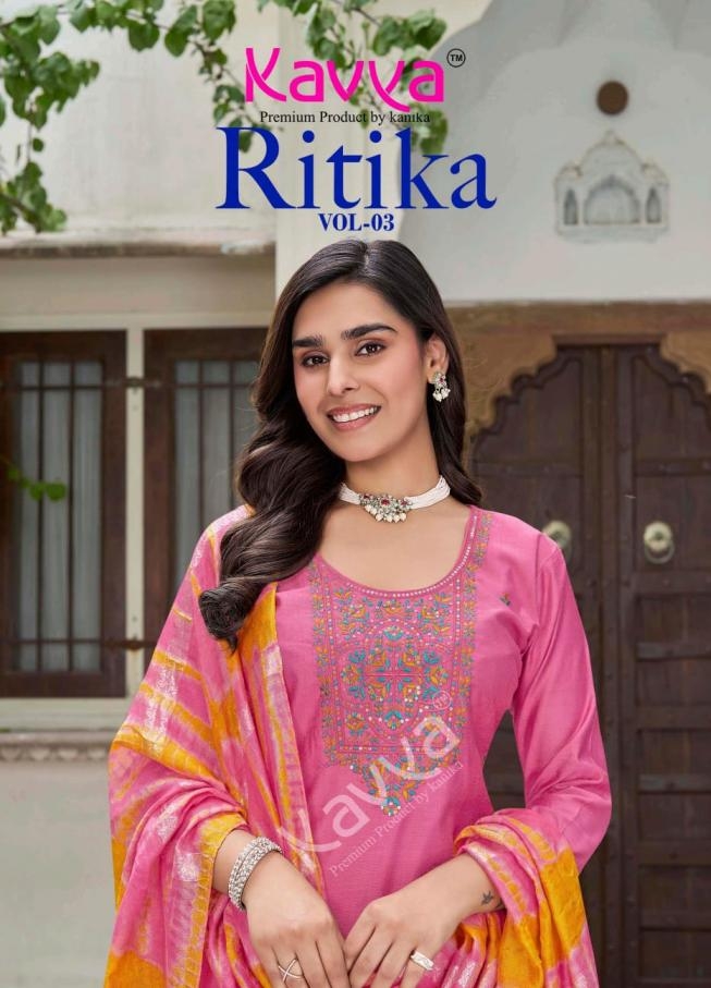 kavya ritika vol 3 series 3001 to 3010 viscose vetican readymade pretty look suit in wholesale surat