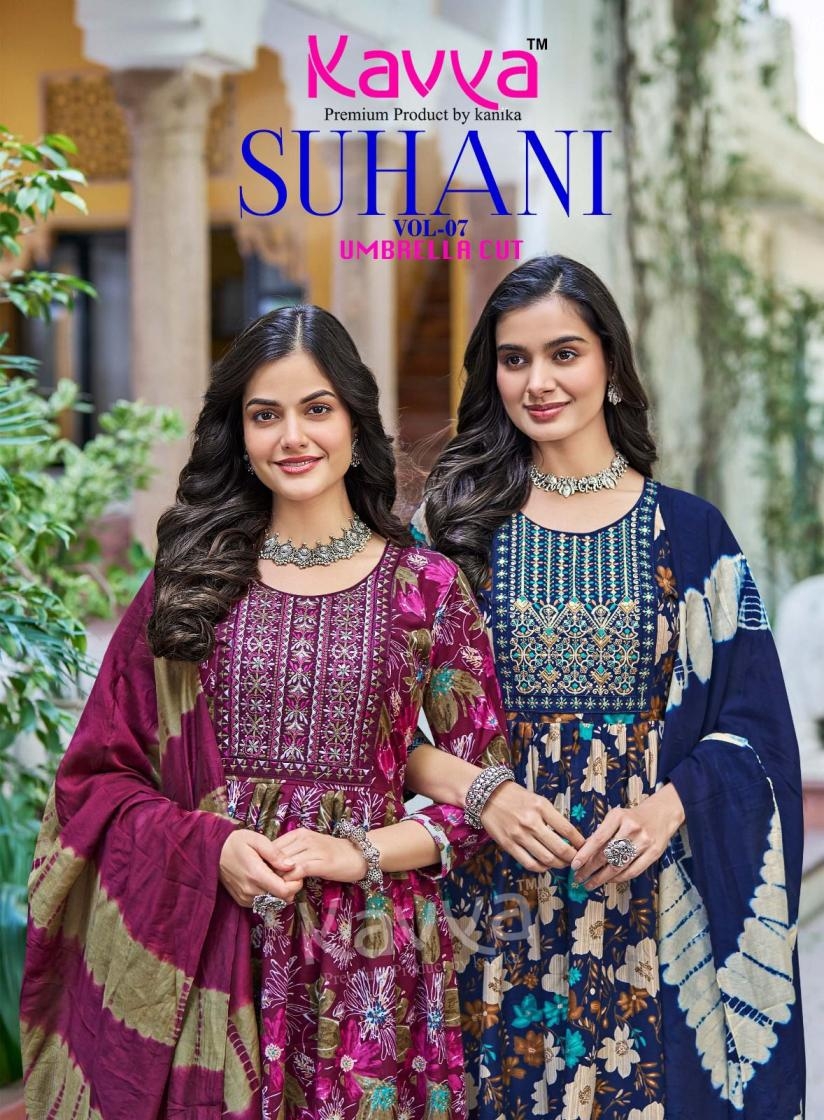 kavya suhani vol 7 series 7001 to 7010 full stitch viscose umbrella cut suits in wholesale surat