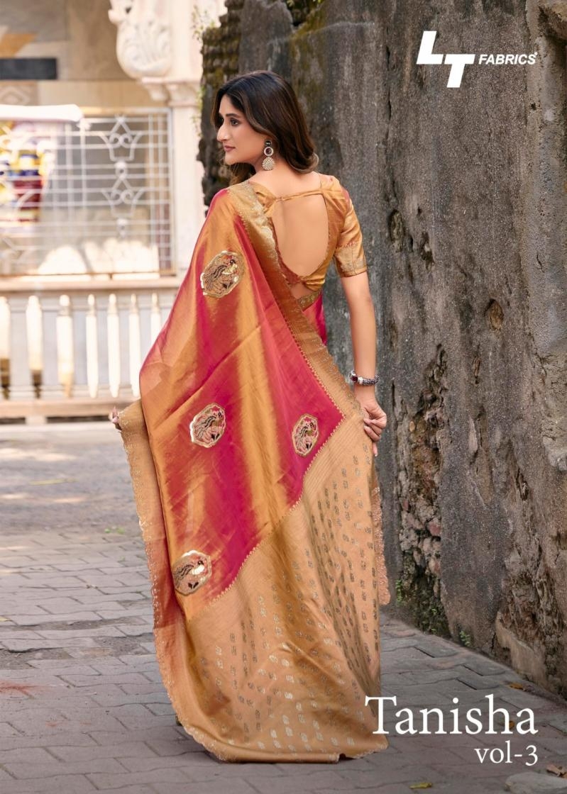 lt fashion tanisha vol 3 series 301 to 304 party wear weaving satin saree in wholesale surat