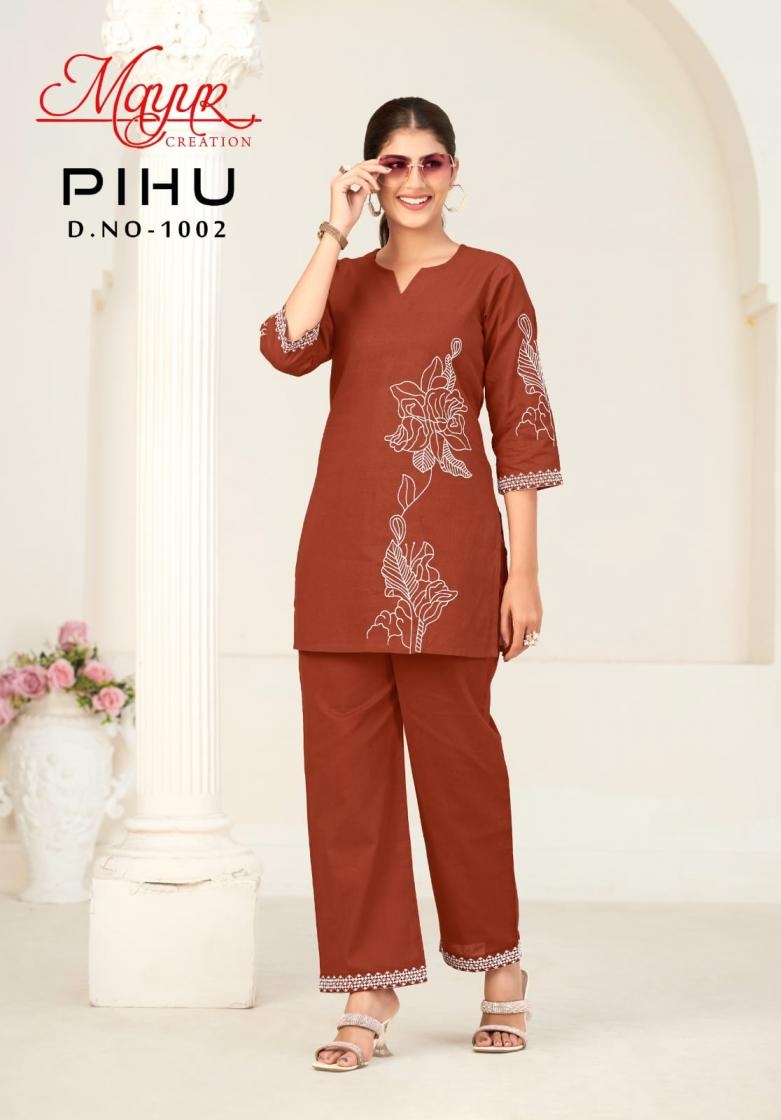 mayur creation pihu series 1001 to 1006 flax cotton readymade stylish co-ord sets in wholesale surat