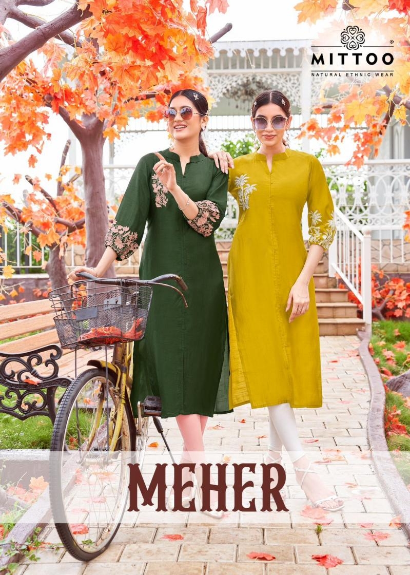 mittoo meher series 2001 to 2006 rayon thread work readymade long kurtis in wholesale surat