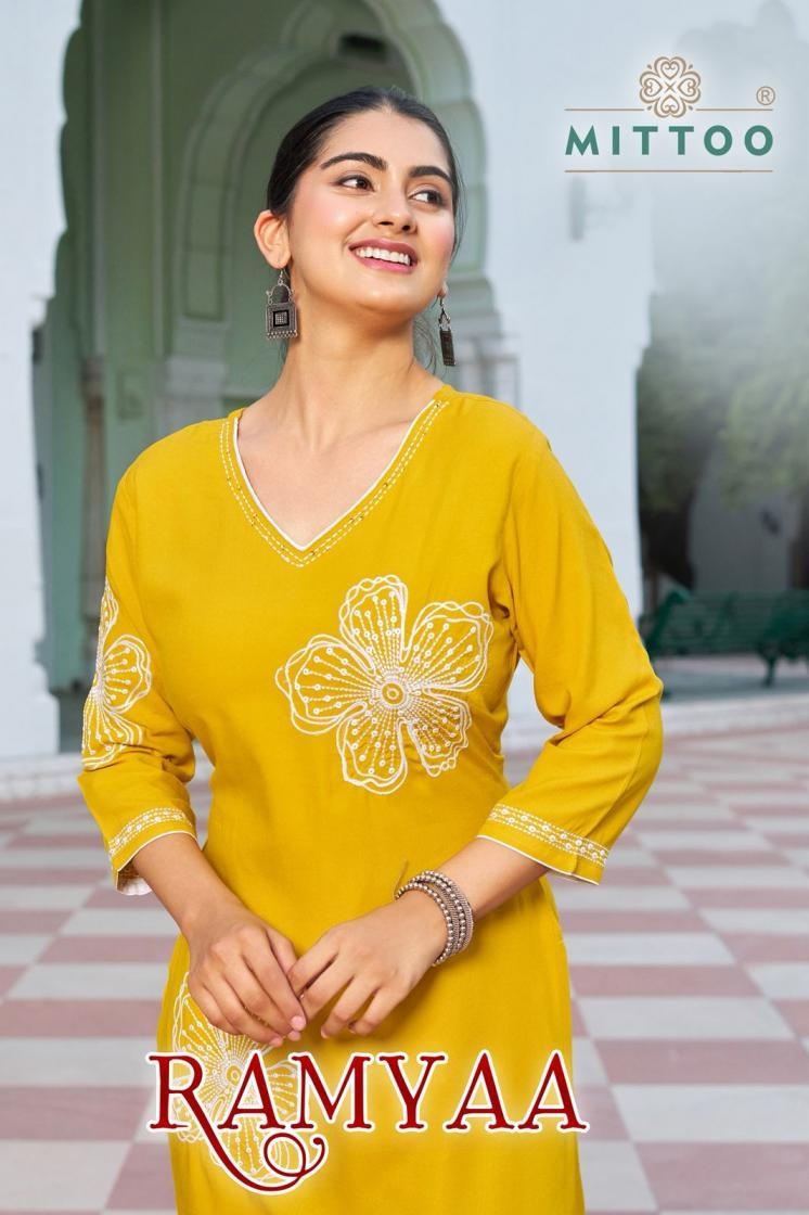 mittoo ramyaa series 2001 to 2005 rayon pretty look full stitch kurti with plazzo in wholesale surat