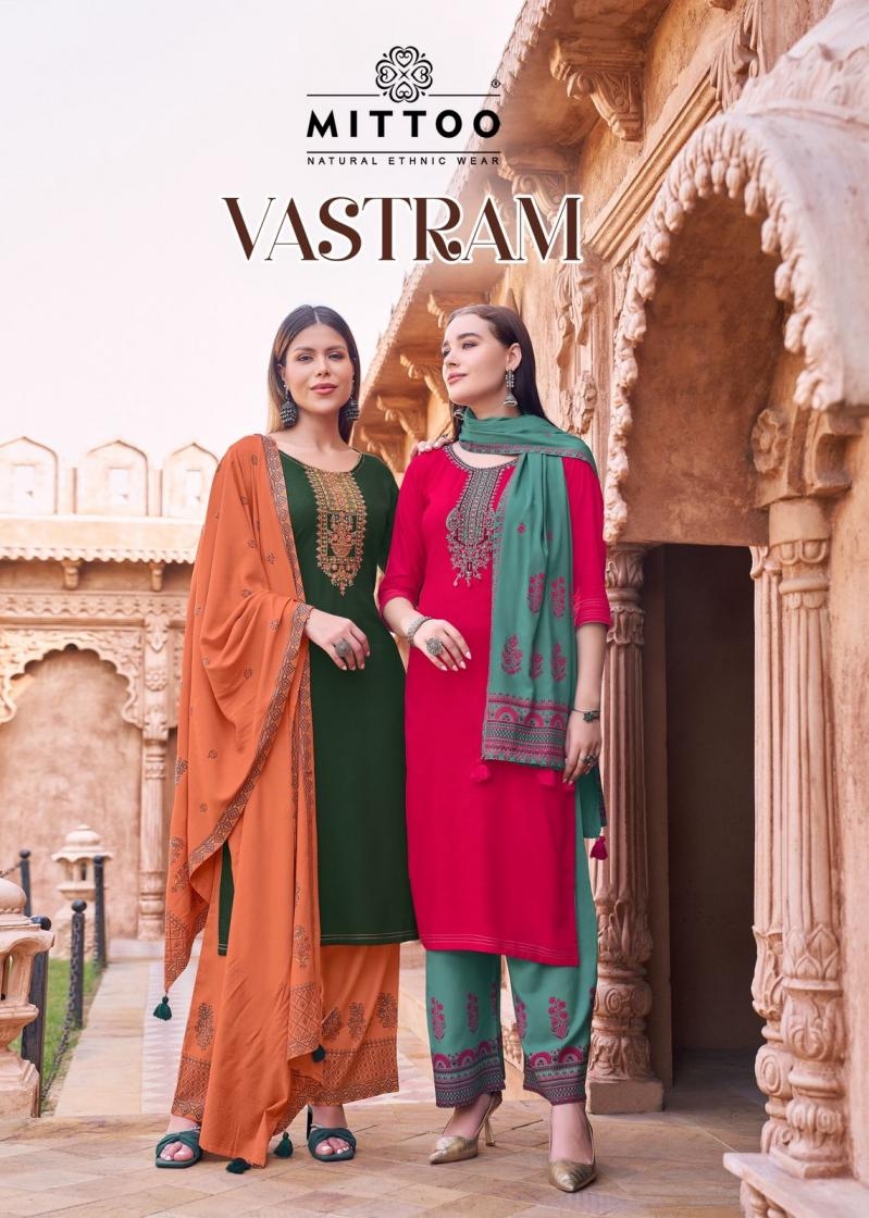 mittoo vastram series 1001 to 1006 readymade rayon thread work suits in wholesale surat