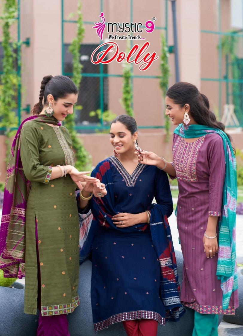 mystic9 dolly vol 9 series 9001 to 9008 readymade classic rayon dobby suit in wholesale surat