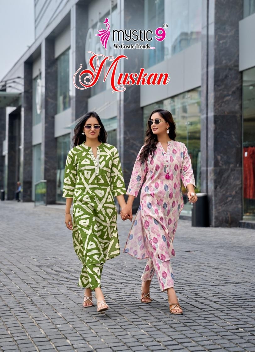 mystic9 muskan vol 1 series 1001 to 1010 elegance cotton flex print readymade kurti with pant in wholesale surat