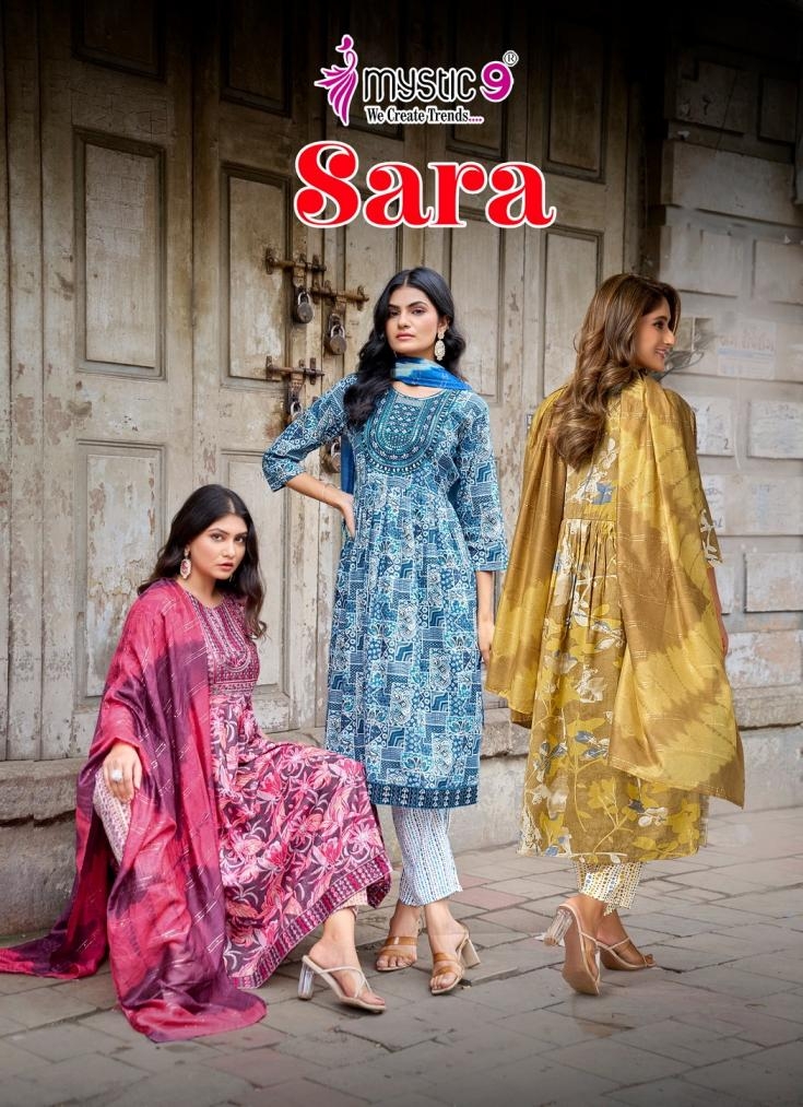 mystic9 sara vol 19 series 19001 to 19008 attractive readymade rayon capsule suit in wholesale surat