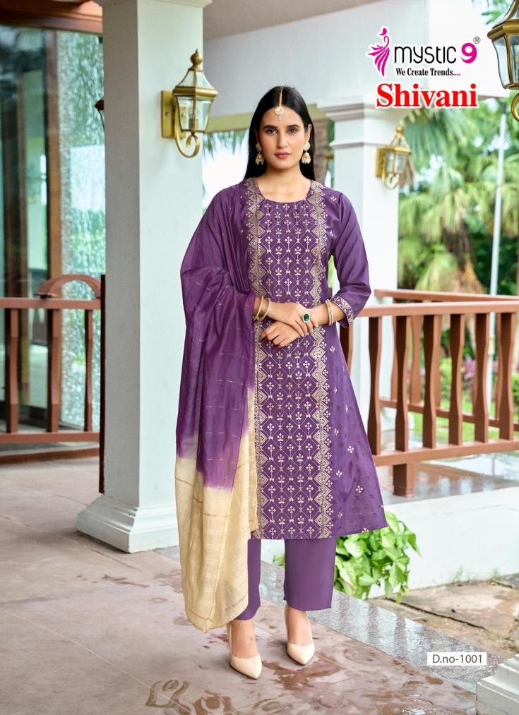 mystic9 shivani series 1001 to 1008 fully stitch silk dobby attractive look suit in wholesale surat