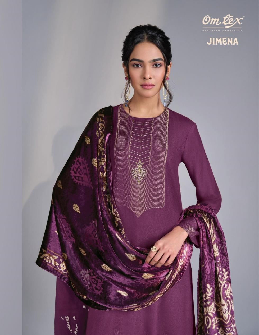 omtex jimena series 10031 A to 10031 D unique pashmina jacqaurd full stitch big size fancy suit in wholesale surat