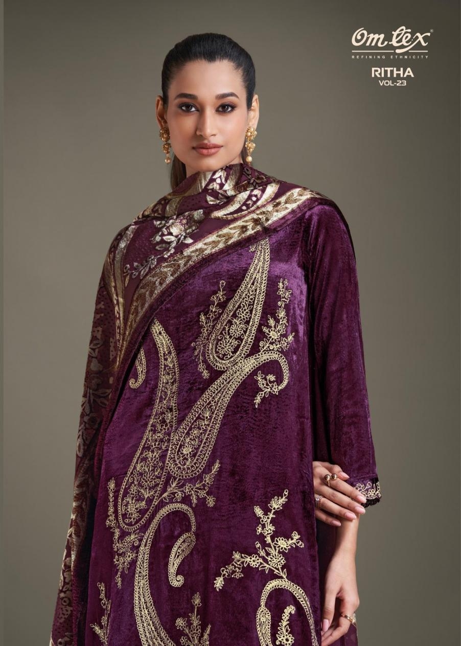 omtex ritha vol 23 series 8721 A to 8721 D full stitch plus size winter viscose velvet suits in wholesale surat