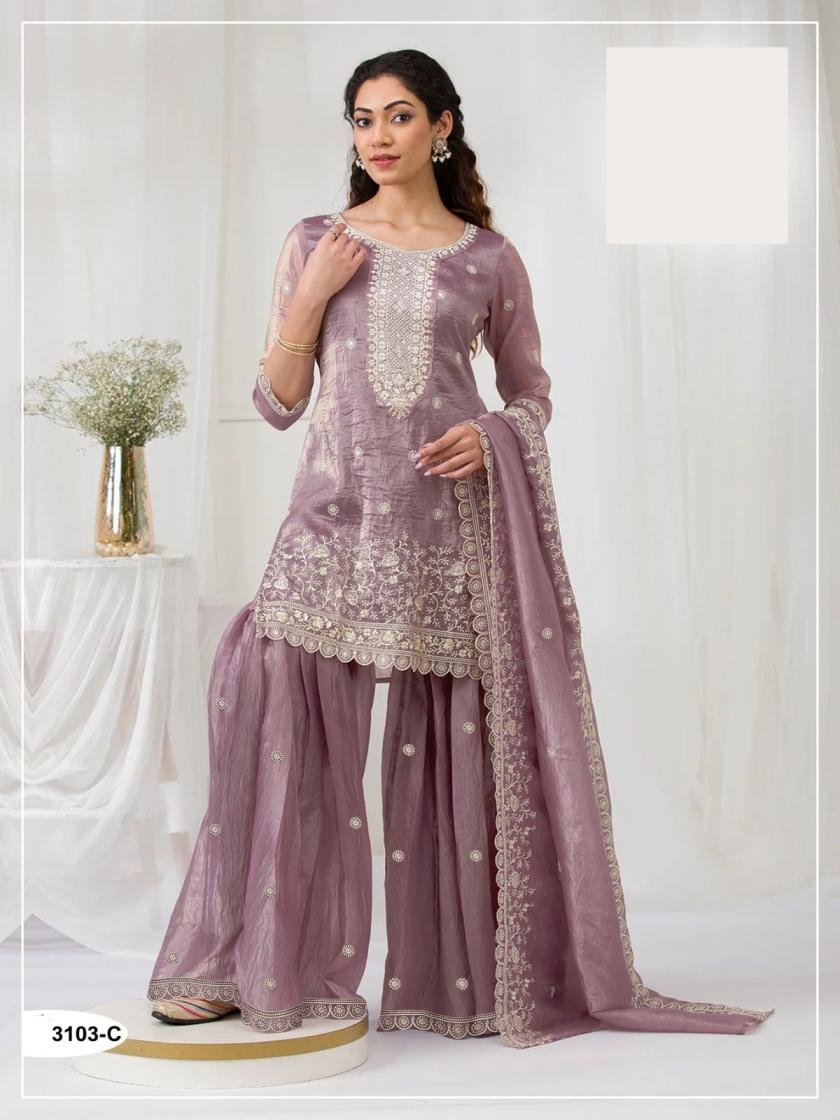 PR 9STAR FASHION CHAHAT VOL-1 series 3103 A to 3103 D HEAVY GOLD CRUSH GEORGETTE WITH EMBRODERY WORK AND SEQUENCE FANCY DESIGNER SUITS IN WHOLESALE SURAT