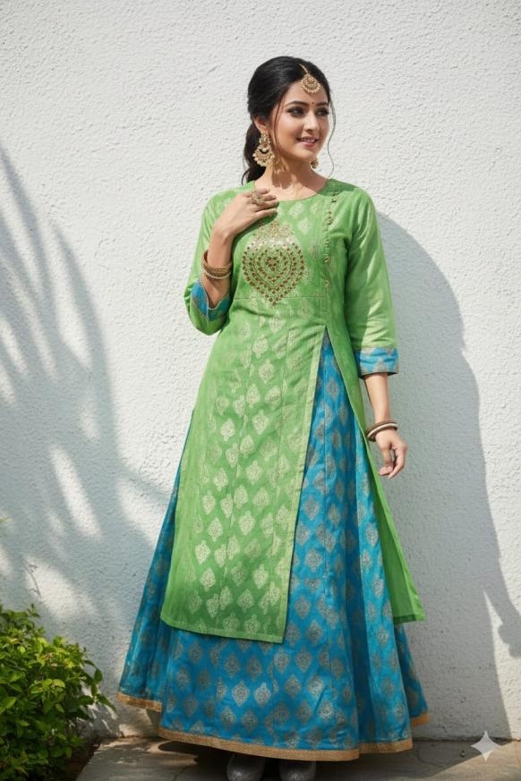 pr desi girl attractive look art or raw silk readymade big size kurti with skirt in wholesale surat