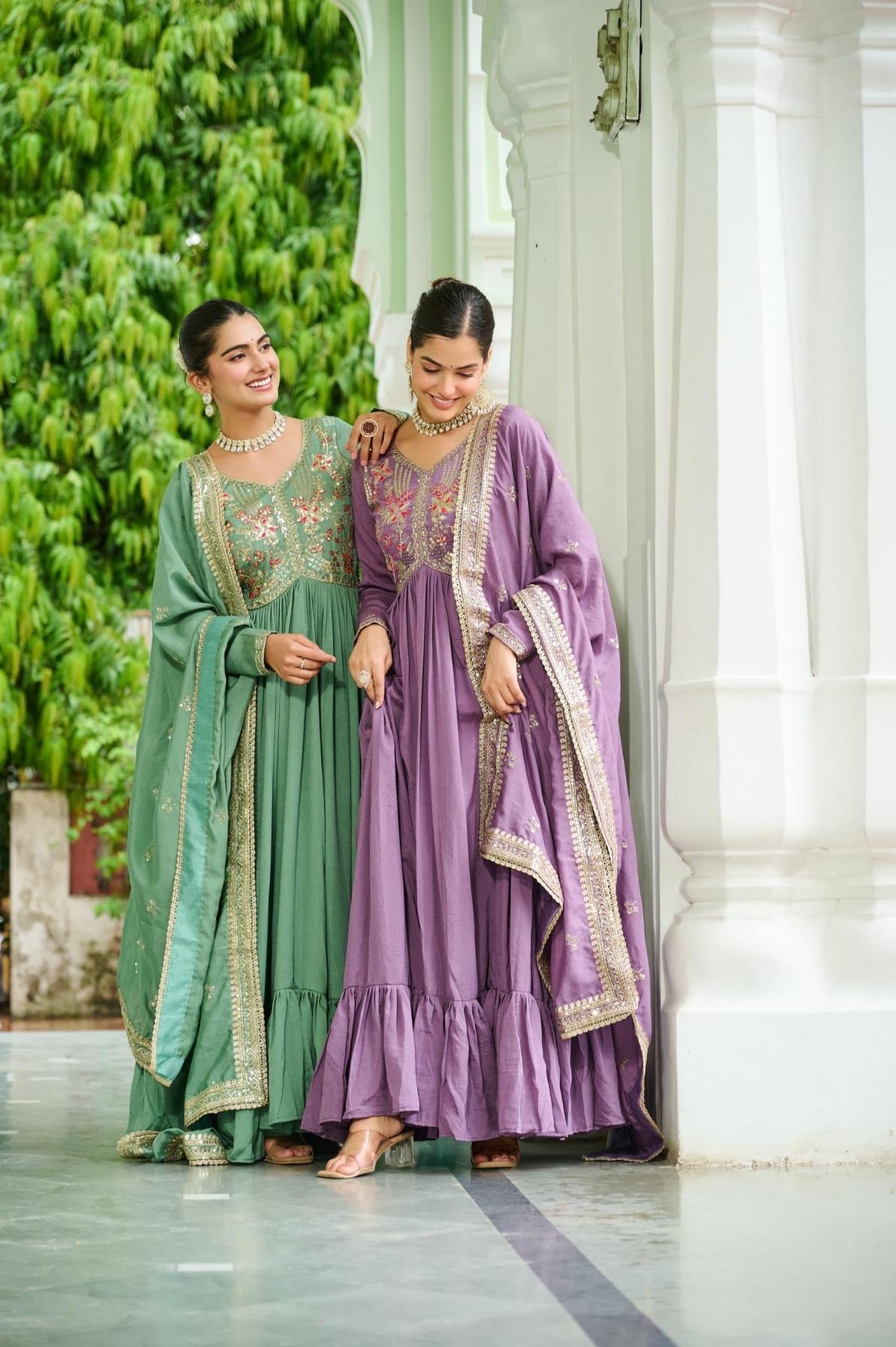 pr lw 9268 vichitra silk party wear fully stitch gown with dupatta in wholesale surat