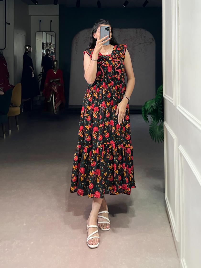 pr nnk4506 muslin silk floral print readymade pretty long kurtis in wholesale surat