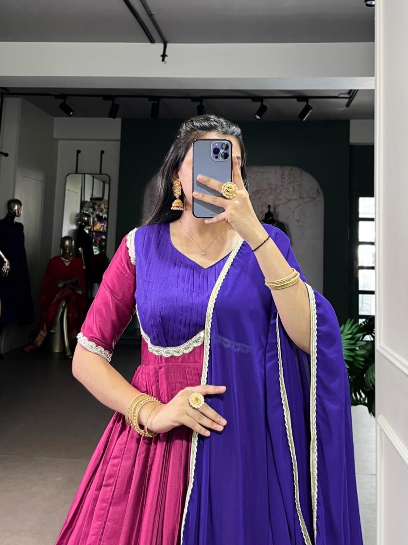 pr ynf5008 aura silk zari weaving readymade unique gown with dupatta in wholesale surat