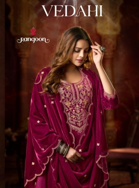 rangoon vedahi series 10301 to 10304 viscose velvet fully stitch elegance winter suit in wholesale surat