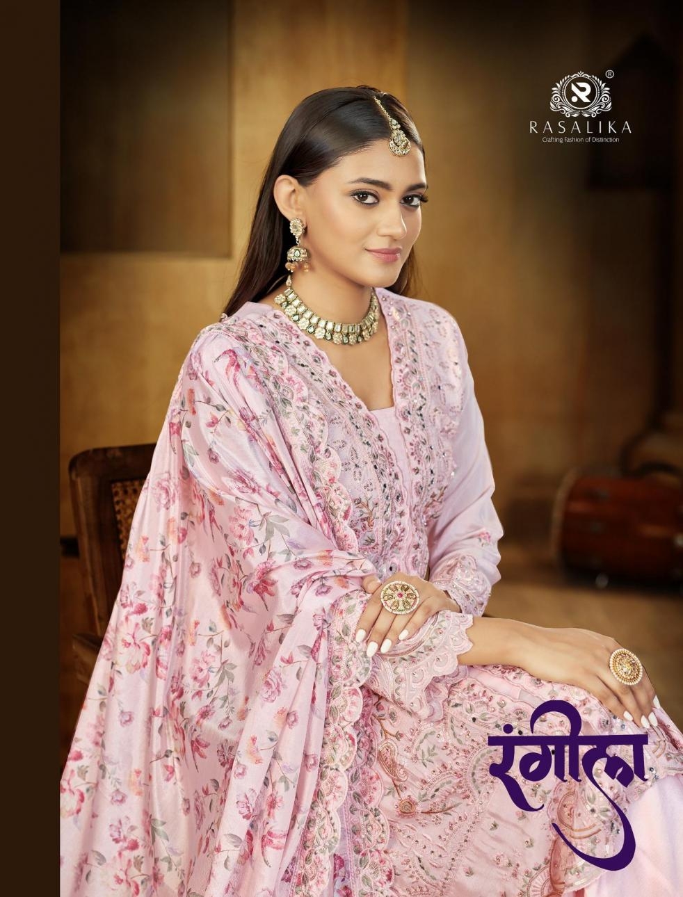 rasalika presents rangeela series 2111 A to 2111 D chinon silk readymade fancy suit in wholesale surat
