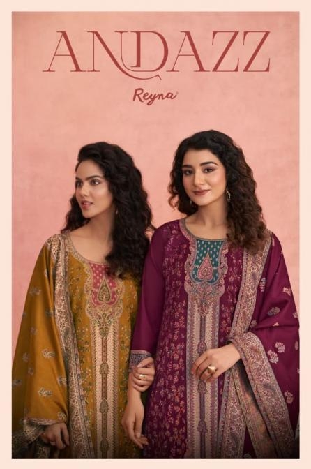 reyna andazz series 10432 to 10437 wool pashmina advanced readymade winter suits in wholesale surat