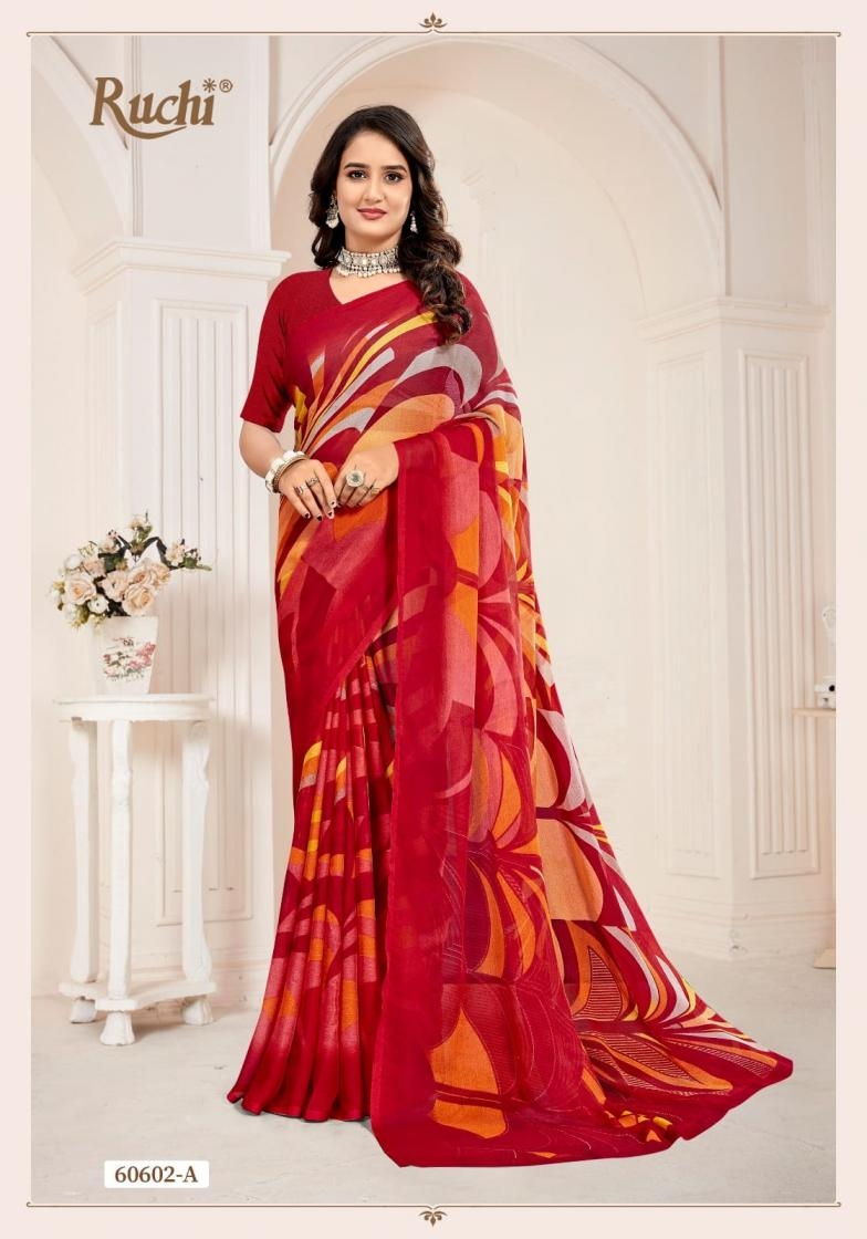 ruchi star chiffon vol 221 series 60601 A to 60603 D pretty look best saree in wholesale surat