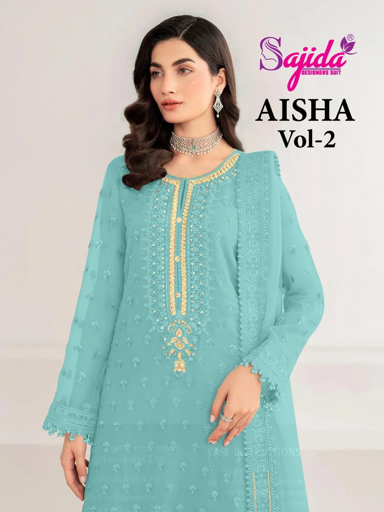 sajida designer aisha vol 2 series 1015 E to 1015 H organza designer pakistani suits in wholesale surat