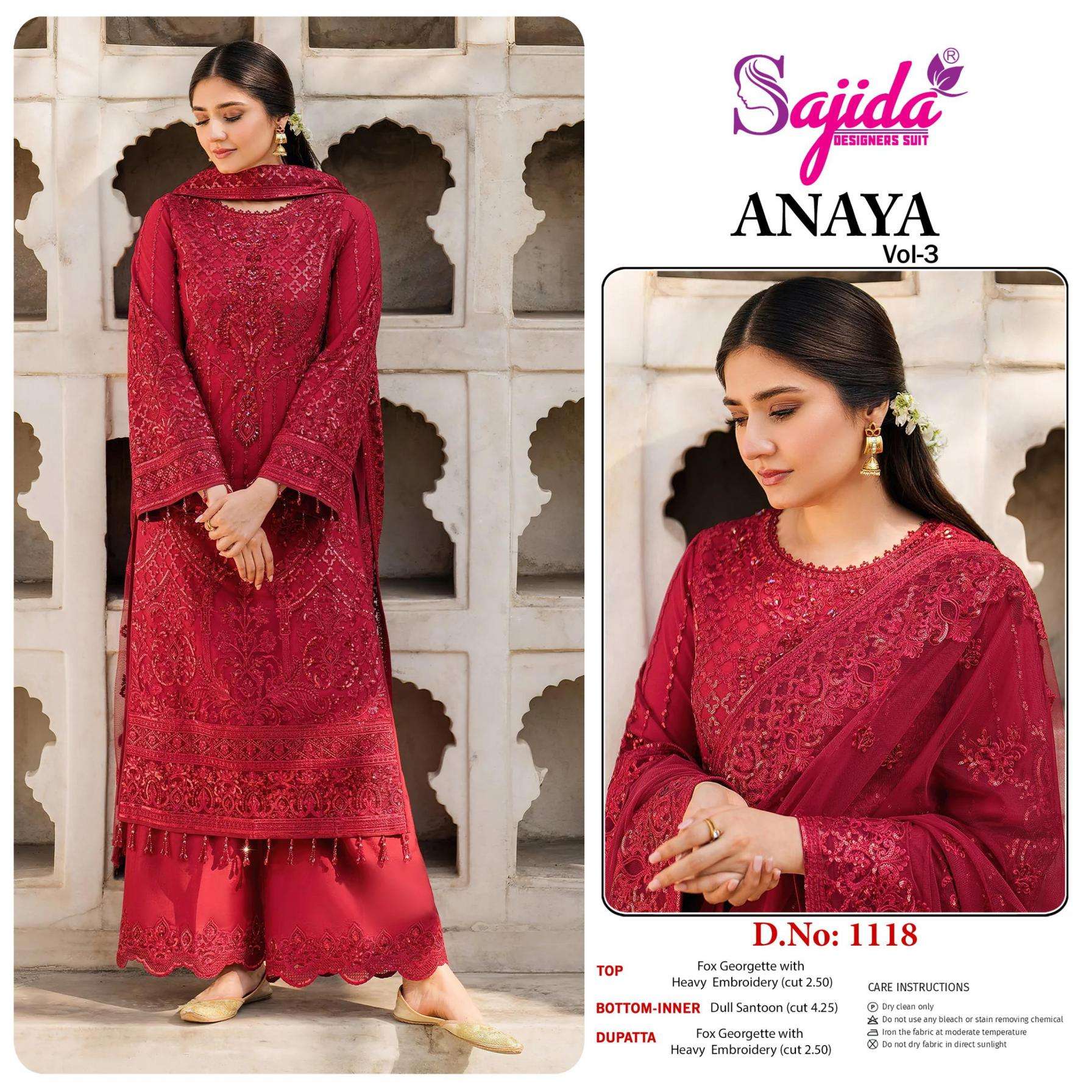 sajida designer anaya vol 3 georgette 1118 single pakistani suit in wholesale surat