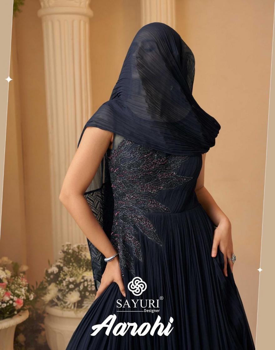 sayuri designer aarohi series 5885 to 5887 readymade chinon silk party wear gown with cancan in wholesale surat