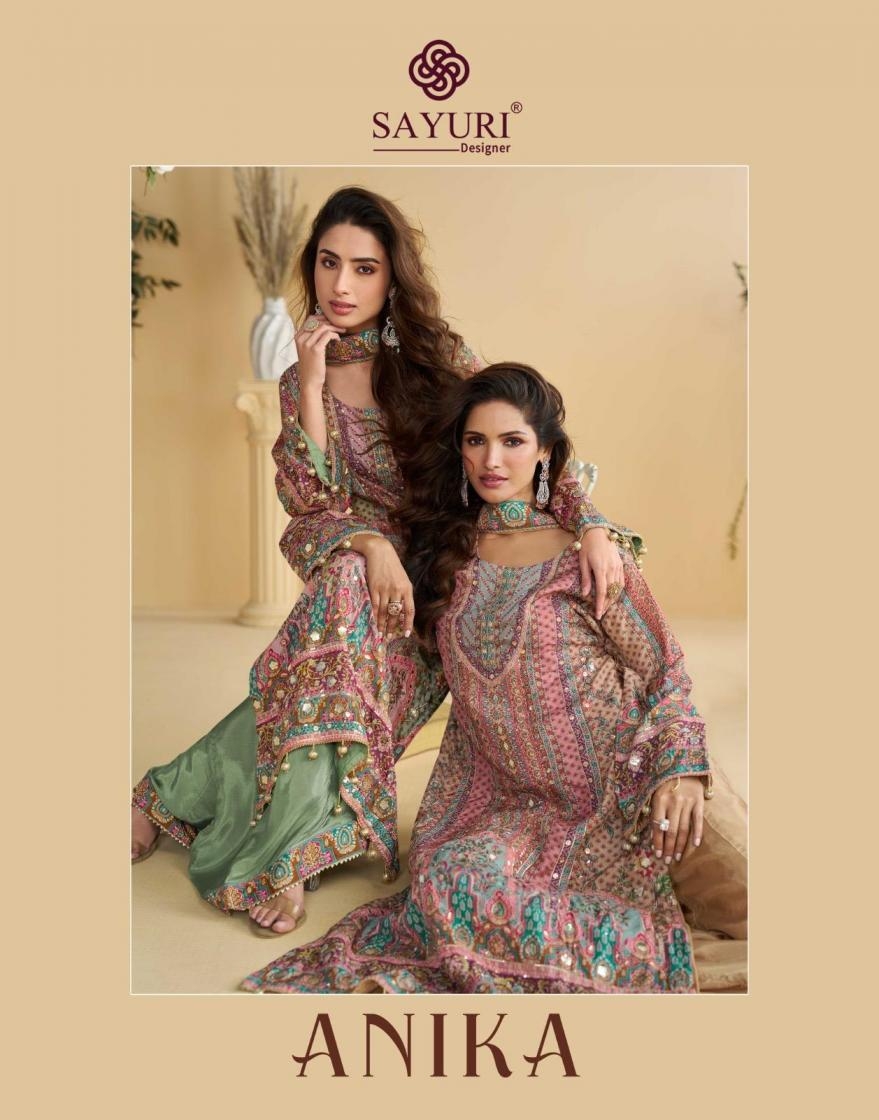 sayuri designer anika series 10112 to 10115 attractive look crape silk full stitch plazzo suit in wholesale surat